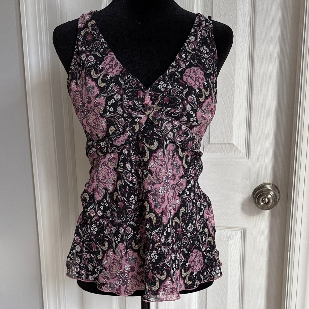 Vintage boho  Black and Pink Floral Tank Top with tie around waist